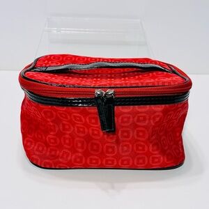 Y2K Lancôme Red Geometric Pattern Cosmetic Bag Black Patent Trim 6x7x4.5 Vintage